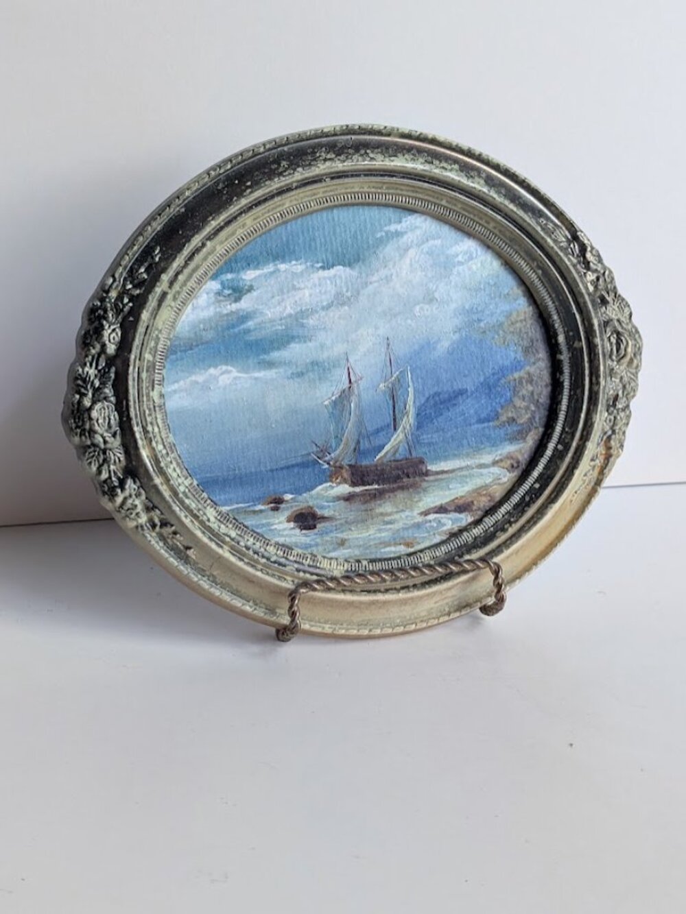 Vintage Oval Framed Oil Painting Ocean Sailboat Vintage Seascape Art Painting 8" - Picture 10 of 15